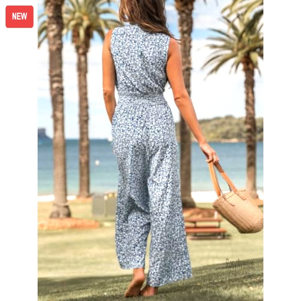 Floral Maxi Jumpsuit with Pocket Mock Neck Elastic Waist Wide Leg - Picture 2 of 7